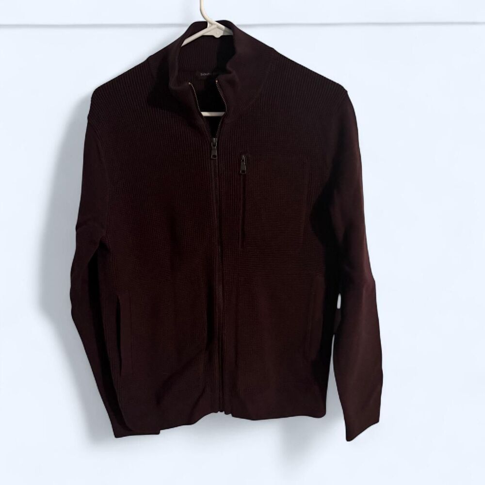 Banana Republic sweater jacket men S burgundy full zip mock neck cotton cardigan